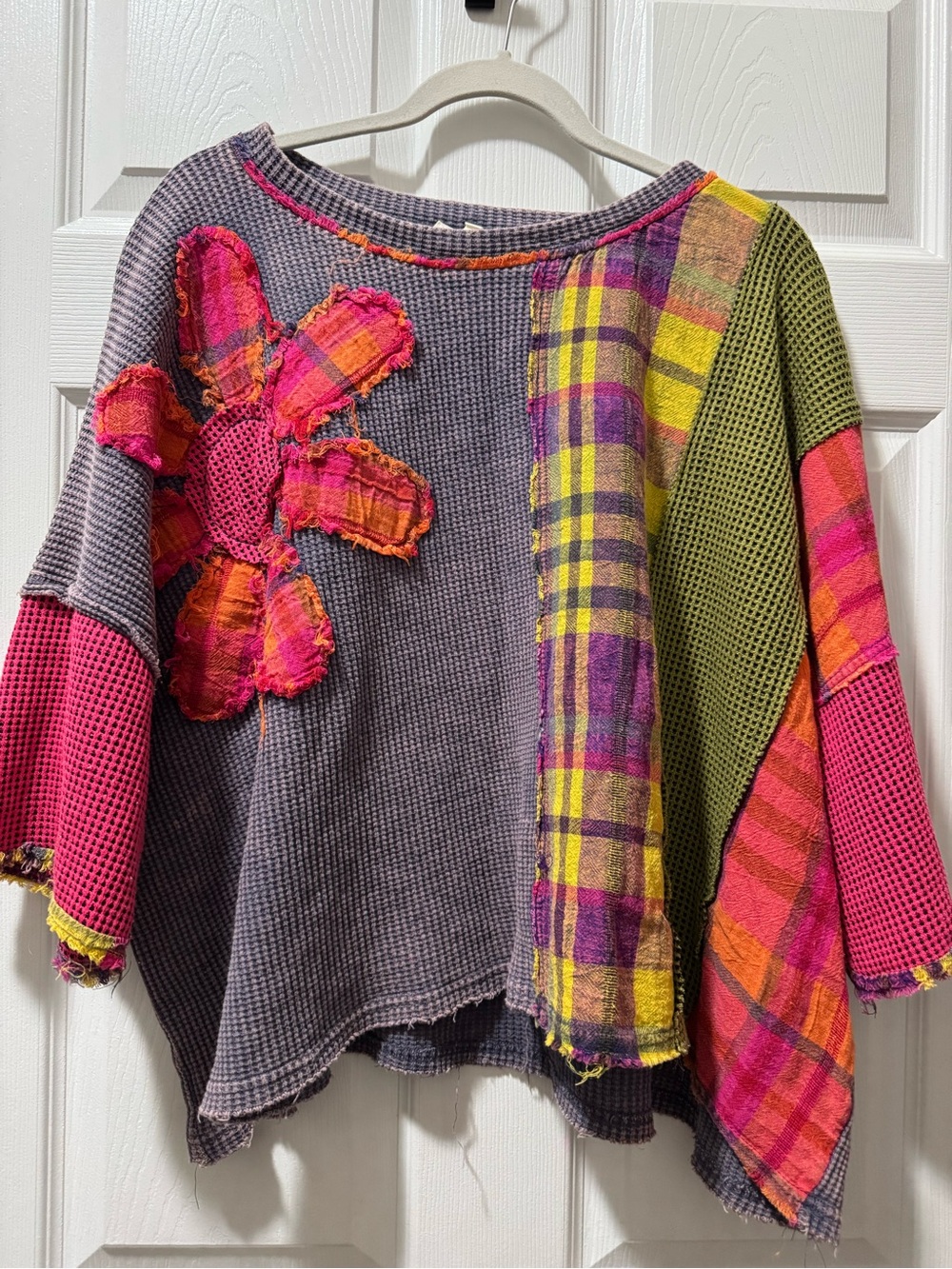 Oli & Hali Patchwork Crewneck Sweater in Gray with Pink, Green & Yellow